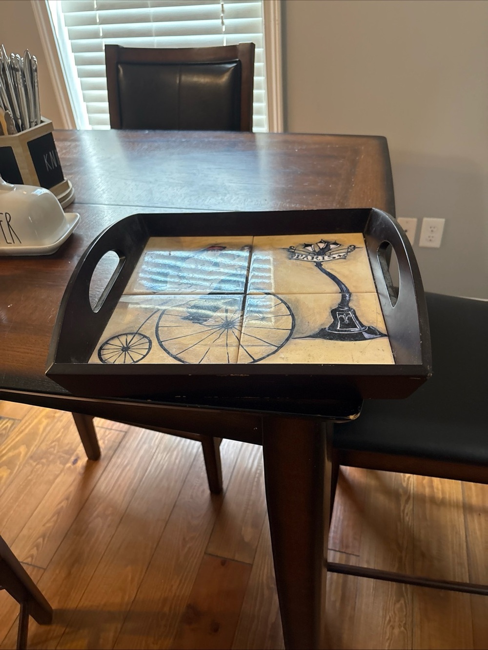 Decorative Wooden Serving Tray with Vintage Tile Inlay - Brown & Cream